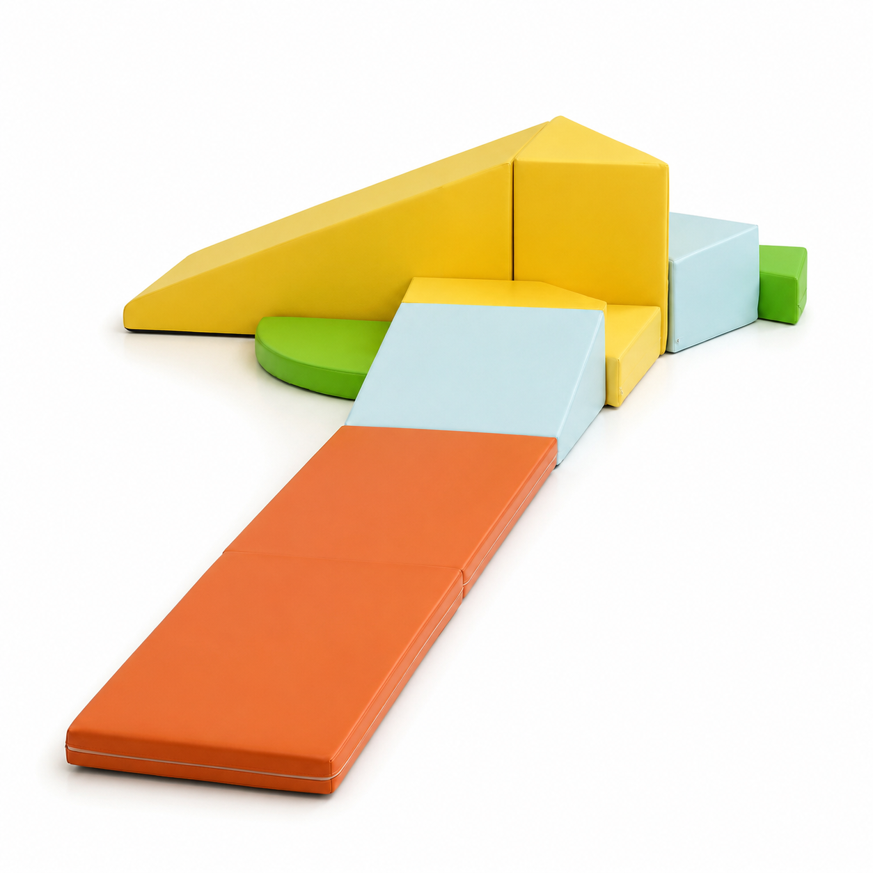 Colorful foam blocks arranged in a geometric pattern on a white background