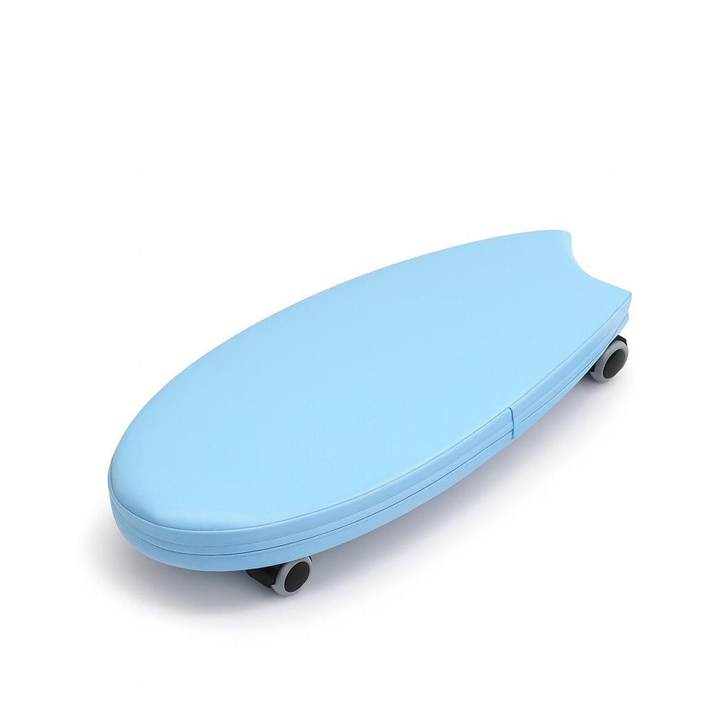 Light blue soft ride on toy on a white background