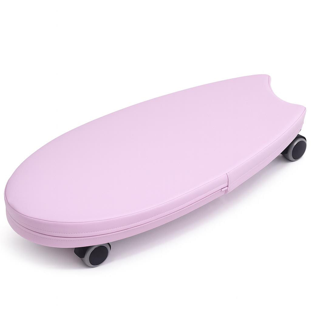 Pink soft ride on toy with wheels on a white background