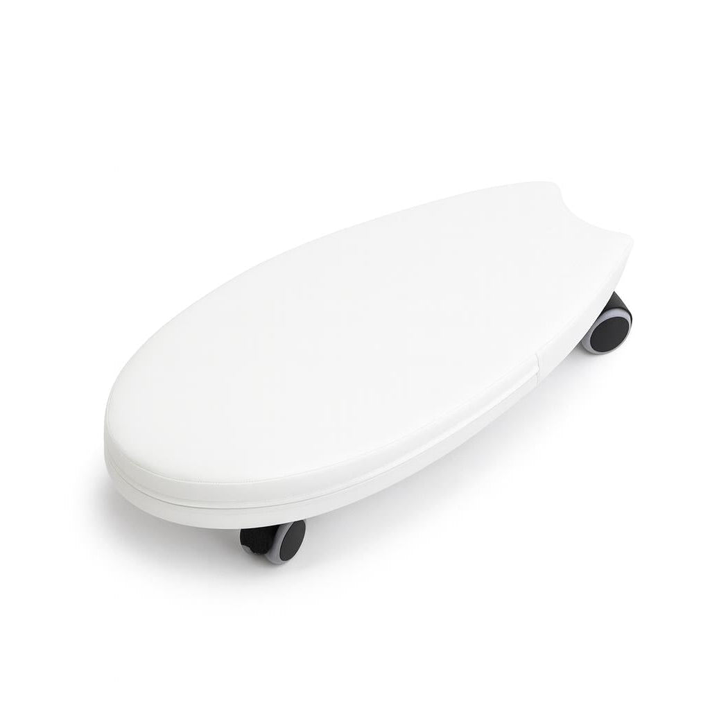 White soft ride on toy with black wheels on a white background
