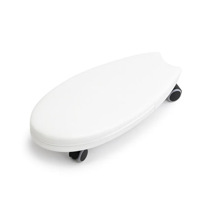 White soft ride on toy with black wheels on a white background