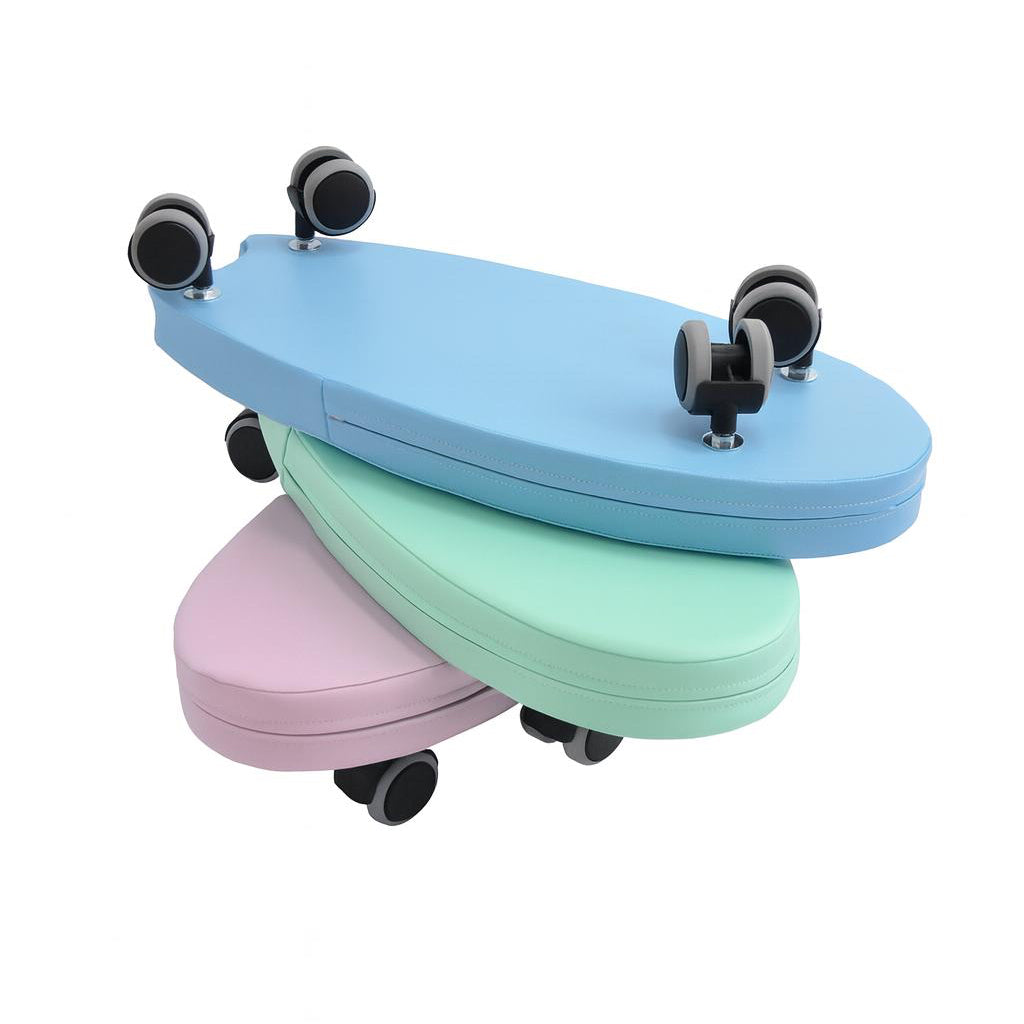 Three colorful soft ride on toys stacked on a white background
